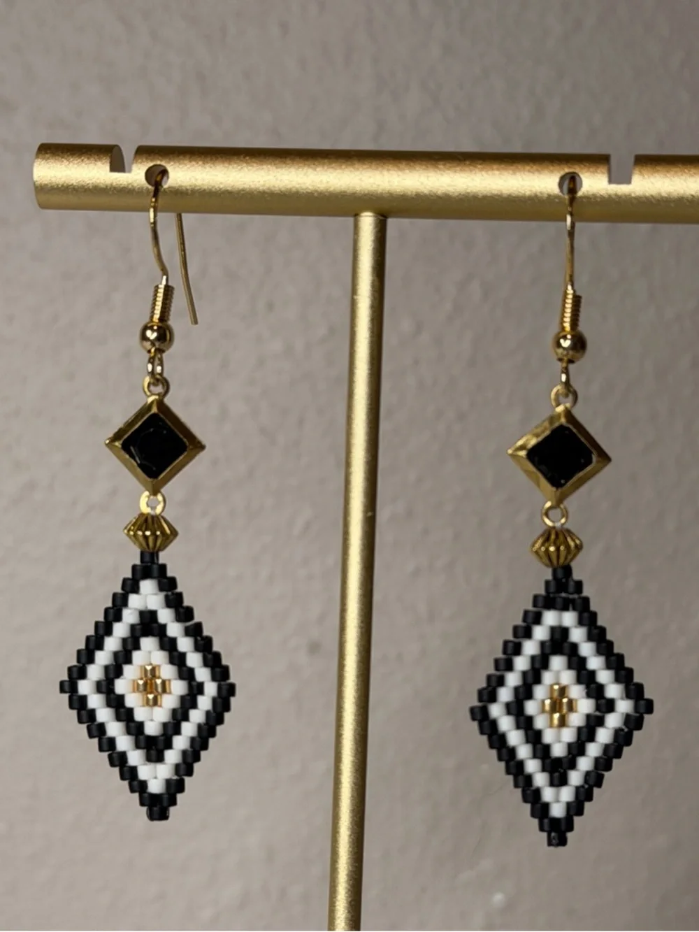 Art Deco Black & Gold Beaded Earrings | Geometric Statement Dangles
